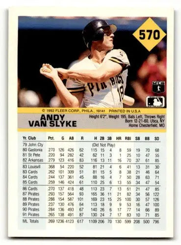 Original gloss 1992 Fleer Andy Van Slyke baseball card featuring Van Slyke Pittsburgh Pirates