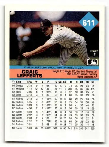 Original gloss baseball card featuring Craig Lefferts San Diego Padres player