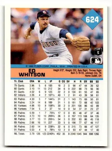 Ed Whitson San Diego Padres baseball card from 1992 Fleer #624 NM Near M