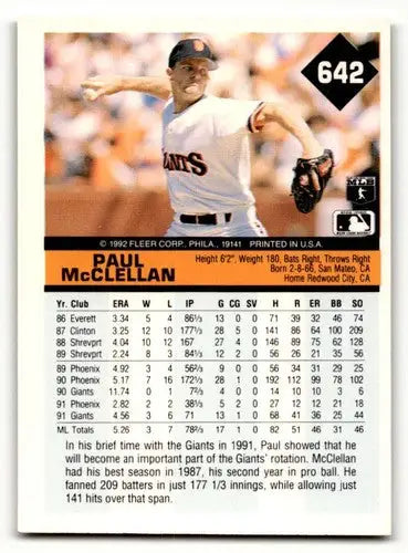 Original gloss of Paul McClellan San Francisco Giants baseball card from 1992 Fleer