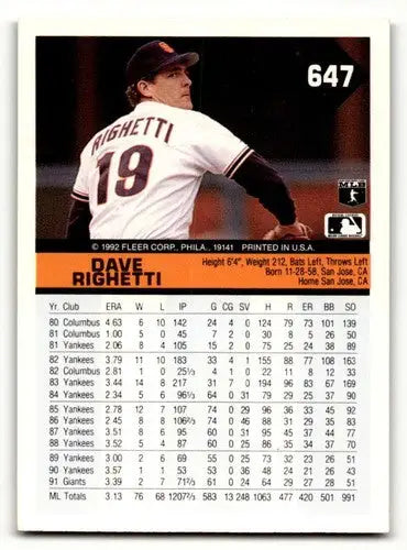 Original gloss Dave Righetti San Francisco Giants baseball card 1992 Fleer NM