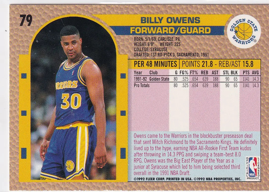 1992 FLEER #79 BILLY OWENS- GOLDEN STATE WARRIORS - Basketball Card Single