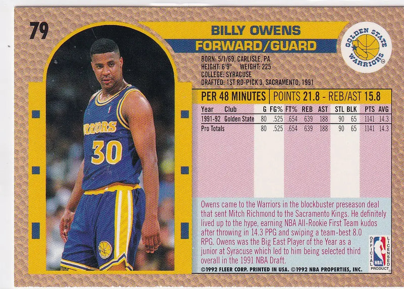 1992 FLEER #79 BILLY OWENS- GOLDEN STATE WARRIORS - Basketball Card Single