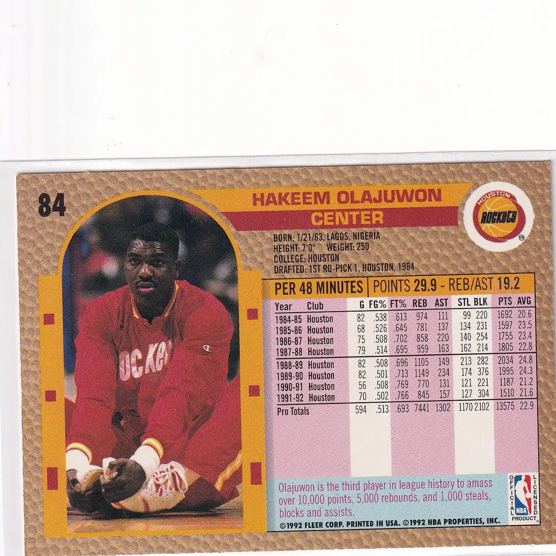 1992 FLEER #84 HAKEEM OLAJUWON- HOUSTON ROCKETS - Basketball Card Single