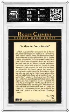 1992 Fleer Roger Clemens #12 Baseball Arena Club 5.5 - Baseball Card Single