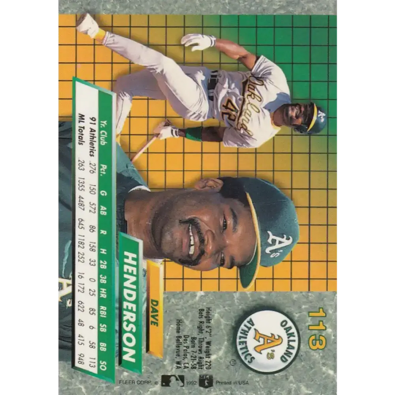 1992 Fleer Ultra #113 Dave Henderson NM-MT Oakland Athletics Baseball Card - Baseball Card Single