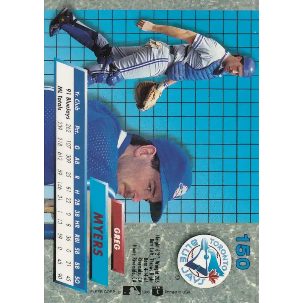 1992 Fleer Ultra #150 Greg Myers NM-MT Toronto Blue Jays Baseball Card - Baseball Card Single