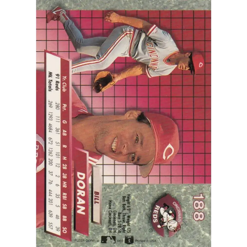 1992 Fleer Ultra #188 Bill Doran NM-MT Cincinnati Reds Baseball Card - Baseball Card Single