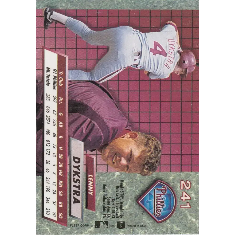 1992 Fleer Ultra #241 Lenny Dykstra NM-MT Philadelphia Phillies Baseball Card - Baseball Card Single