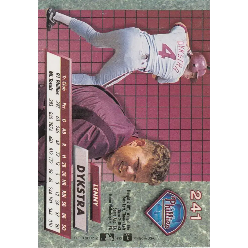 1992 Fleer Ultra #241 Lenny Dykstra NM-MT Philadelphia Phillies Baseball Card - Baseball Card Single