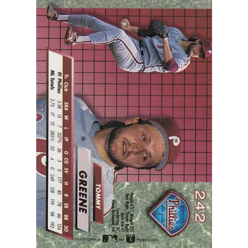 1992 Fleer Ultra #242 Tommy Greene NM-MT Philadelphia Phillies Baseball Card - Baseball Card Single