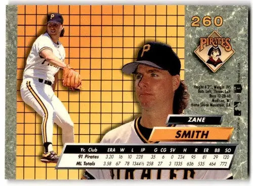 Original gloss Fleer Ultra Zane Smith baseball card from 1992 Pirates collection