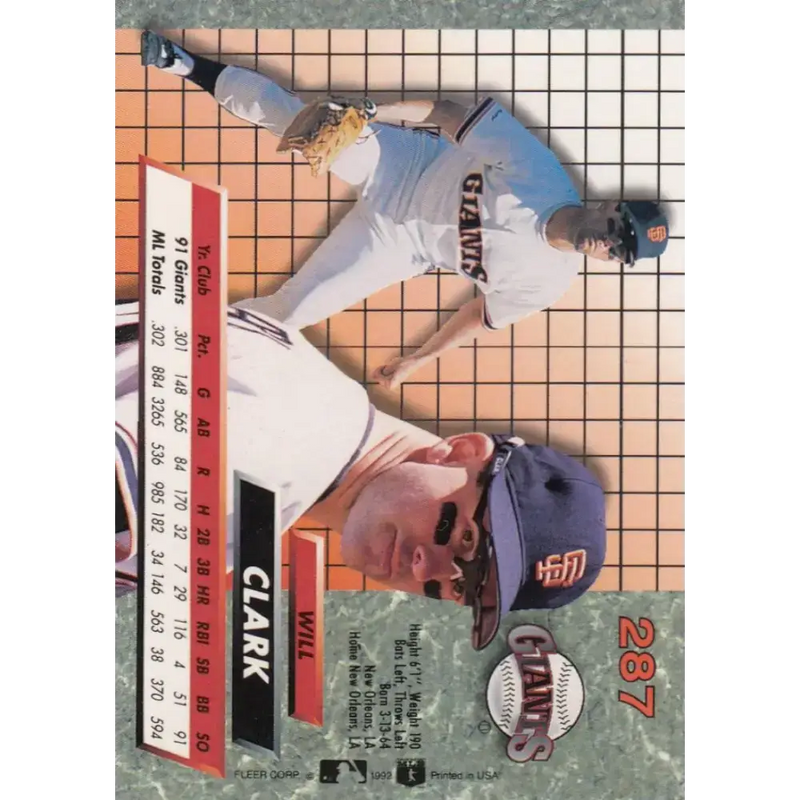 1992 Fleer Ultra #287 Will Clark NM-MT San Francisco Giants Baseball Card - Baseball Card Single