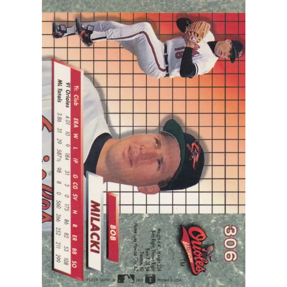 1992 Fleer Ultra #306 Bob Milacki NM-MT Baltimore Orioles Baseball Card - Baseball Card Single
