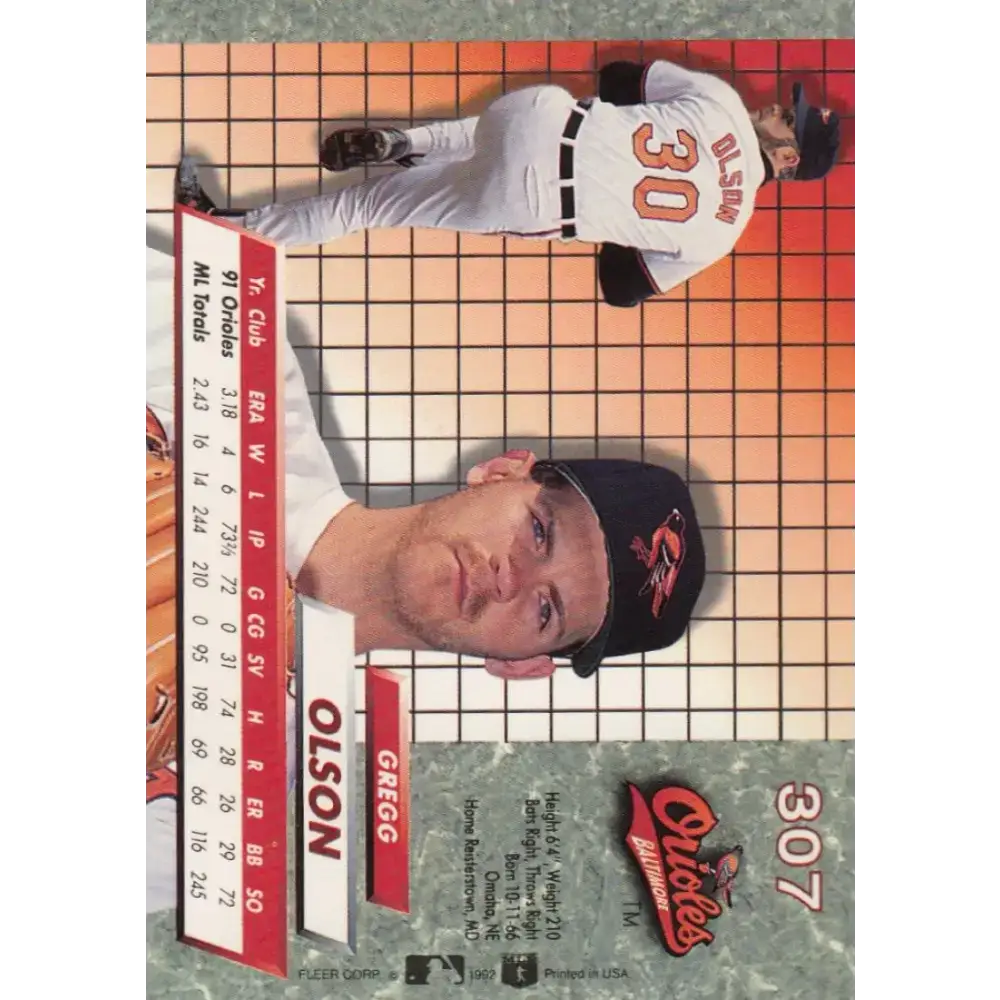 1992 Fleer Ultra #307 Gregg Olson NM-MT Baltimore Orioles Baseball Card - Baseball Card Single