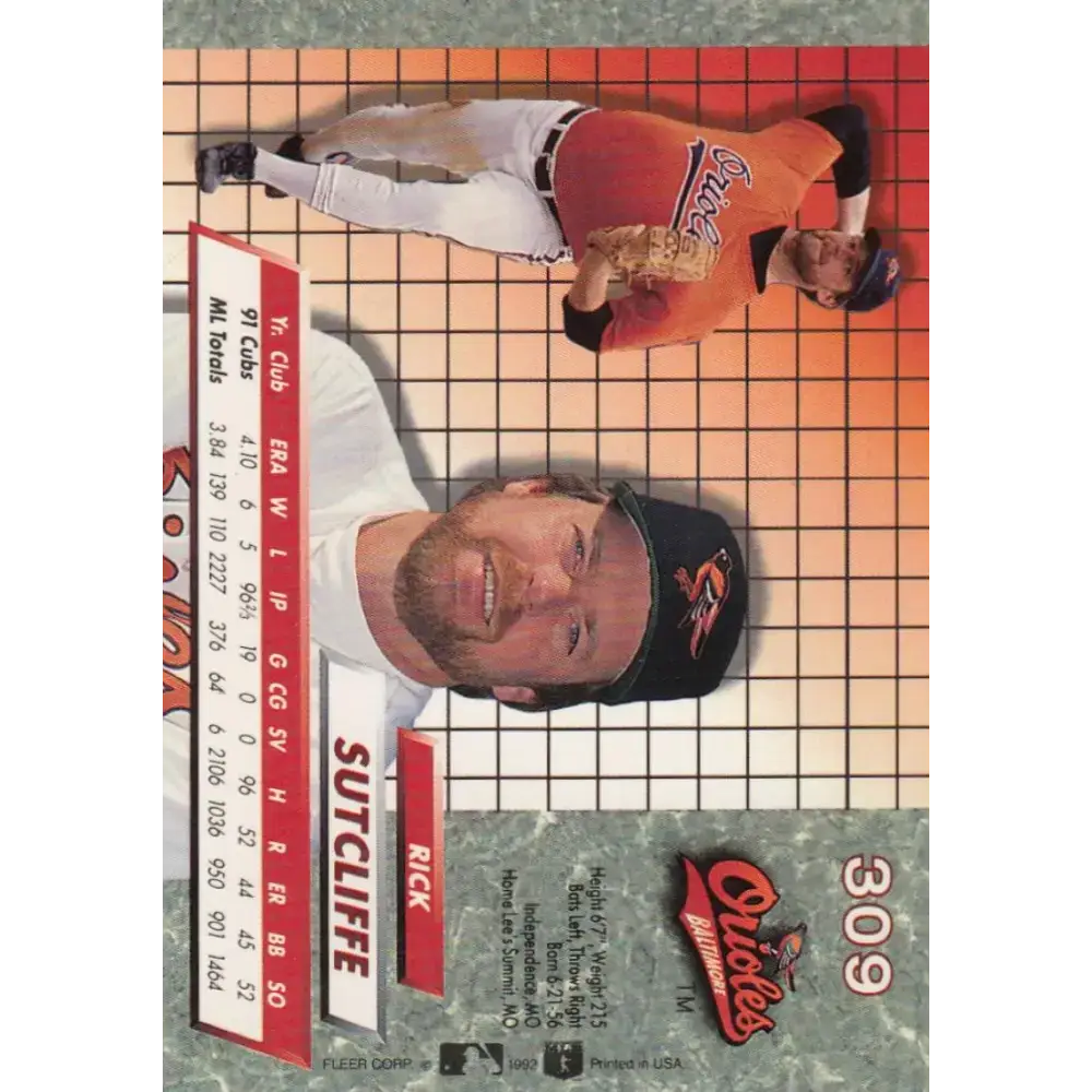 1992 Fleer Ultra #309 Rick Sutcliffe NM-MT Baltimore Orioles Baseball Card - Baseball Card Single