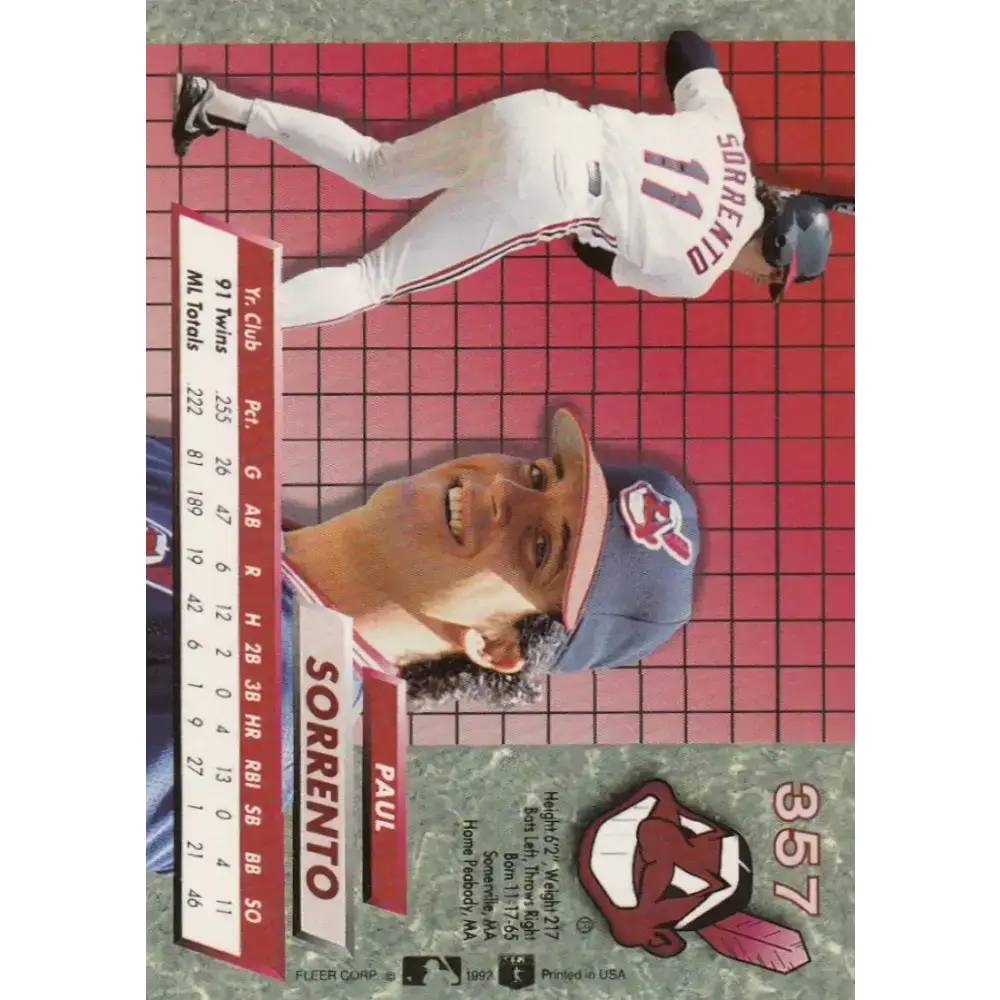 1992 Fleer Ultra #357 Paul Sorrento NM-MT Cleveland Indians Baseball Card - Baseball Card Single