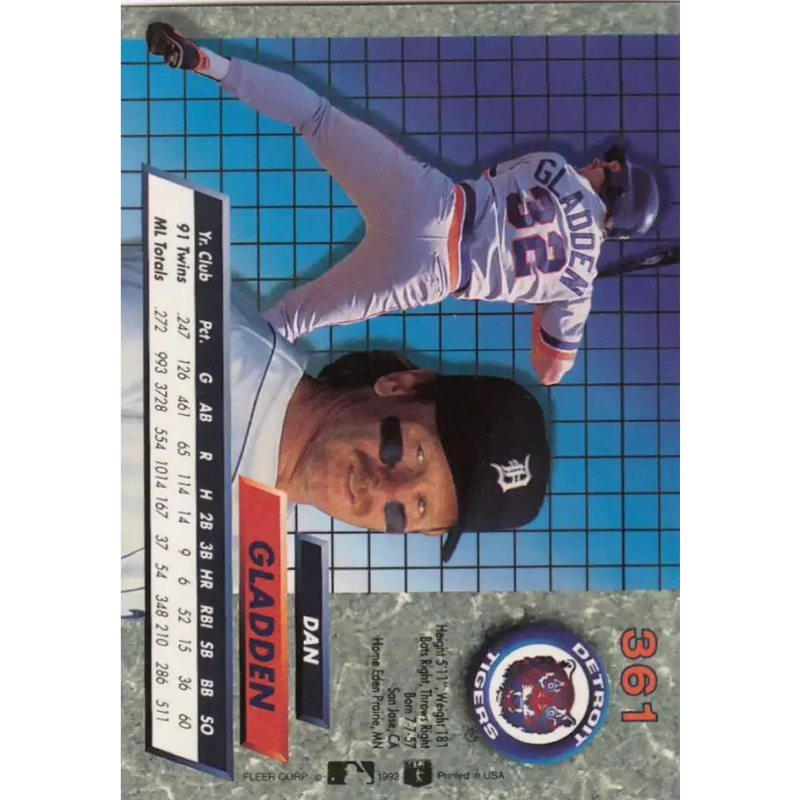 1992 Fleer Ultra #361 Dan Gladden NM-MT Detroit Tigers Baseball Card - Baseball Card Single