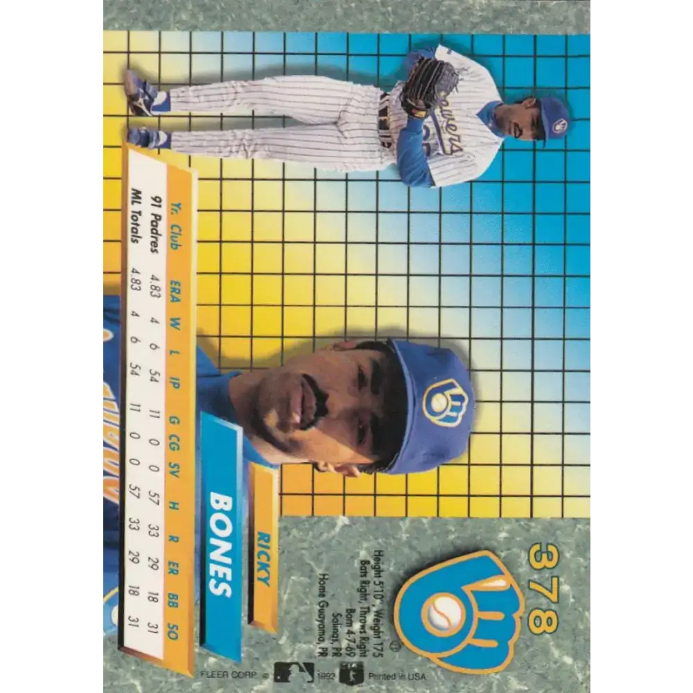 1992 Fleer Ultra #378 Ricky Bones NM-MT Milwaukee Brewers Baseball Card - Baseball Card Single