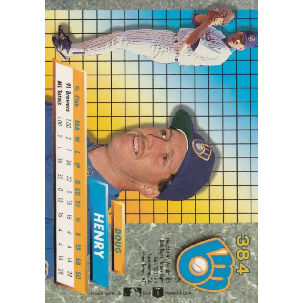 1992 Fleer Ultra #384 Doug Henry NM-MT RC Rookie Milwaukee Brewers Baseball Card - Baseball Card Single