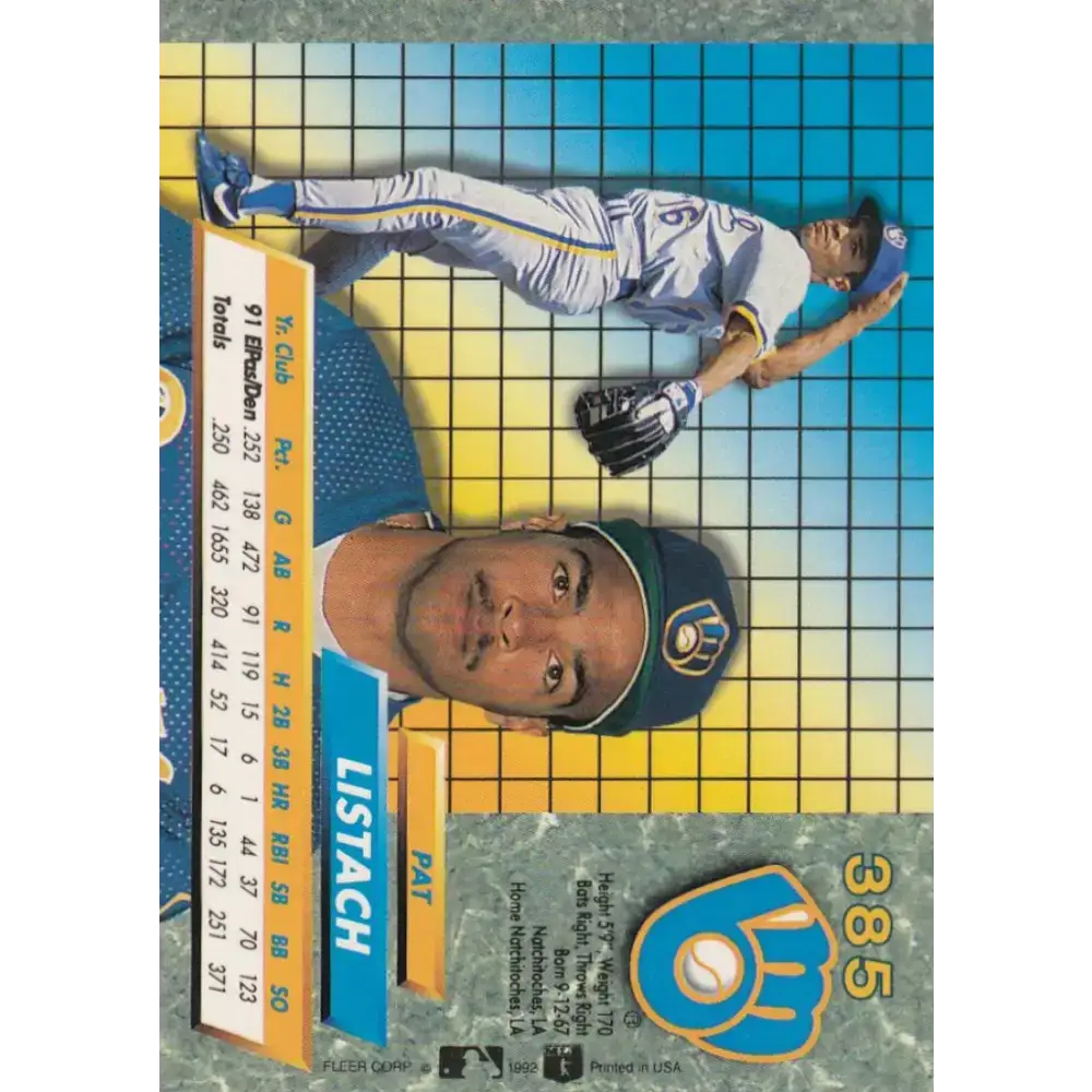 1992 Fleer Ultra #385 Pat Listach NM-MT RC Rookie Milwaukee Brewers Baseball Card - Baseball Card Single