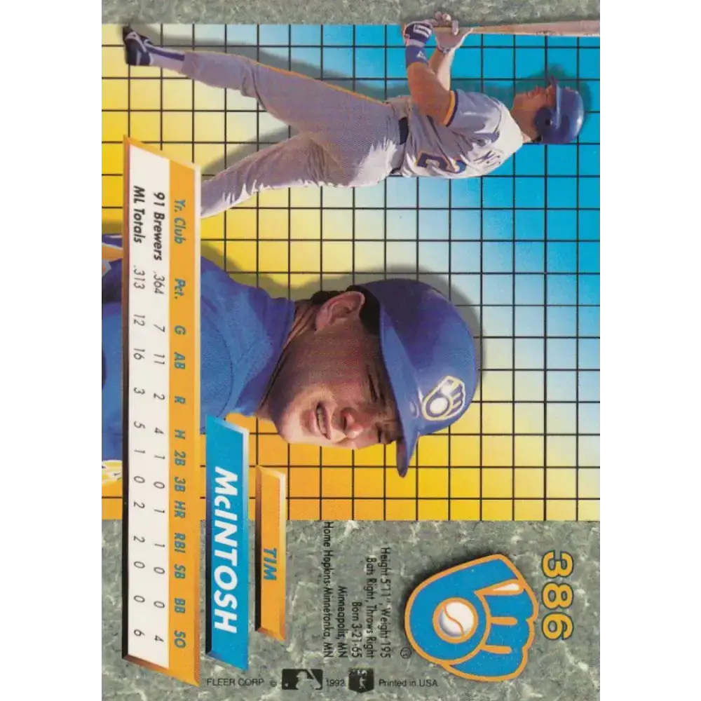 1992 Fleer Ultra #386 Tim McIntosh NM-MT Milwaukee Brewers Baseball Card - Baseball Card Single