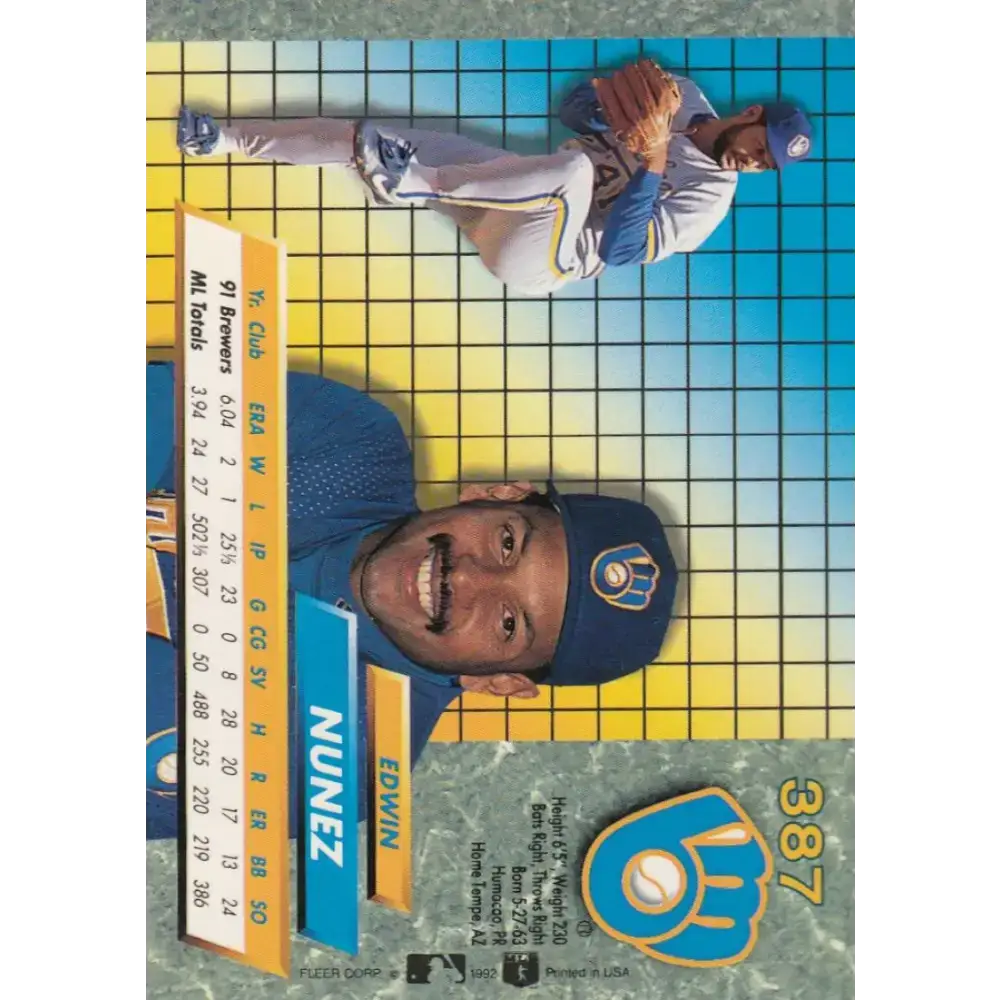 1992 Fleer Ultra #387 Edwin Nunez NM-MT Milwaukee Brewers Baseball Card - Baseball Card Single