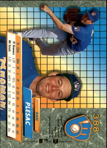 1992 Fleer Ultra baseball card of Dan Plesac in blue uniform for Milwaukee Brewers