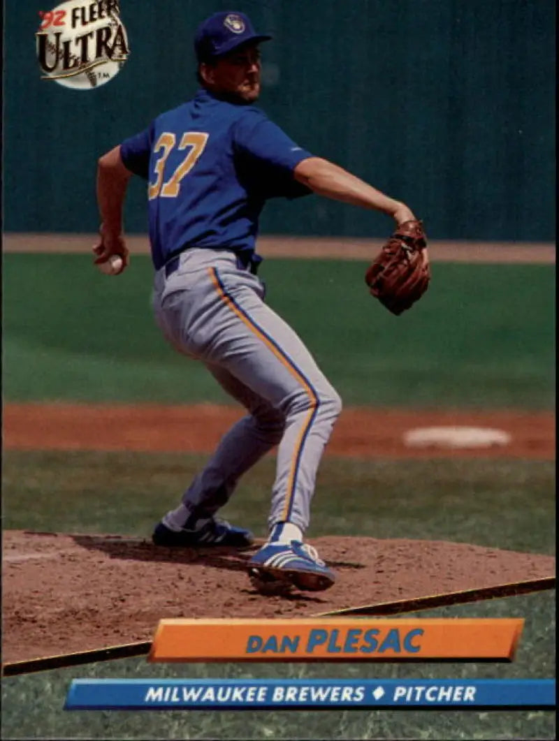 Baseball pitcher Dan Plesac delivers pitch in Milwaukee Brewers uniform on Fleer Ultra card