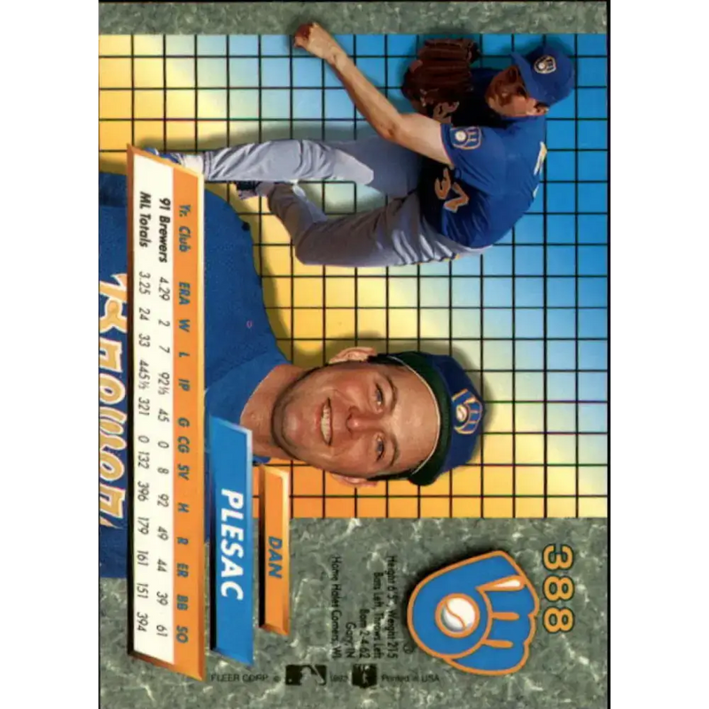 1992 Fleer Ultra #388 Dan Plesac NM-MT Milwaukee Brewers Baseball Card - Baseball Card Single
