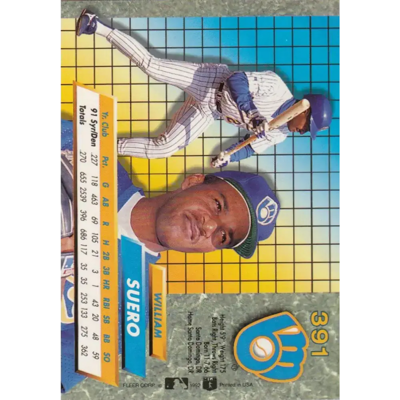 1992 Fleer Ultra #391 William Suero NM-MT Milwaukee Brewers Baseball Card - Baseball Card Single