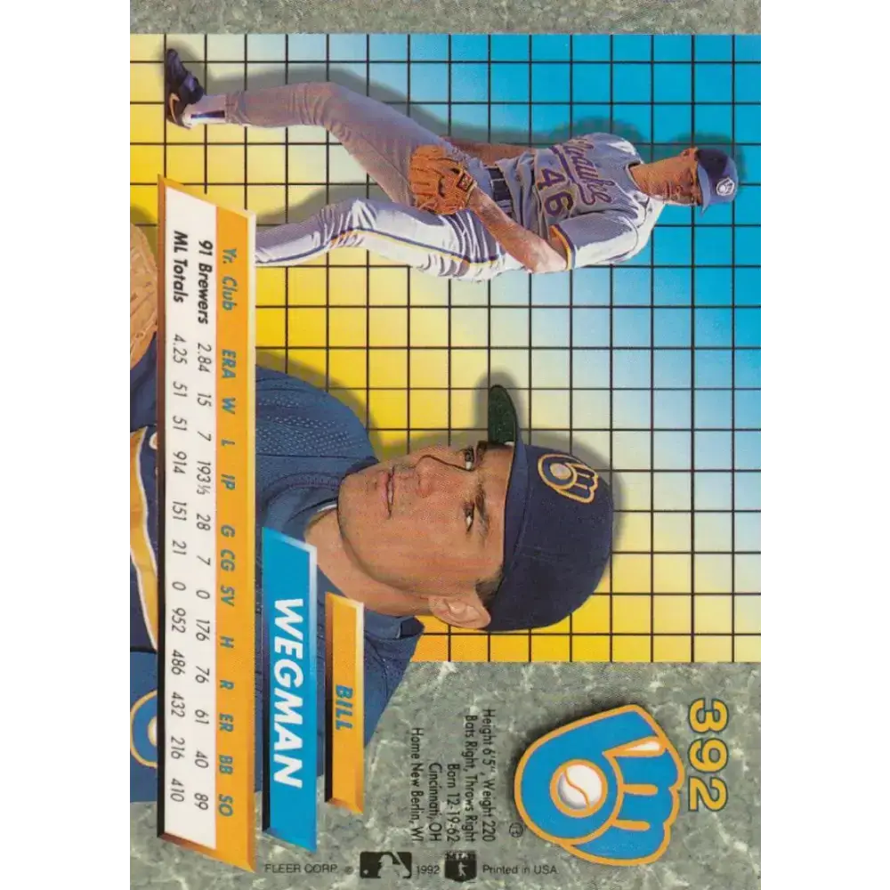 1992 Fleer Ultra #392 Bill Wegman NM-MT Milwaukee Brewers Baseball Card - Baseball Card Single