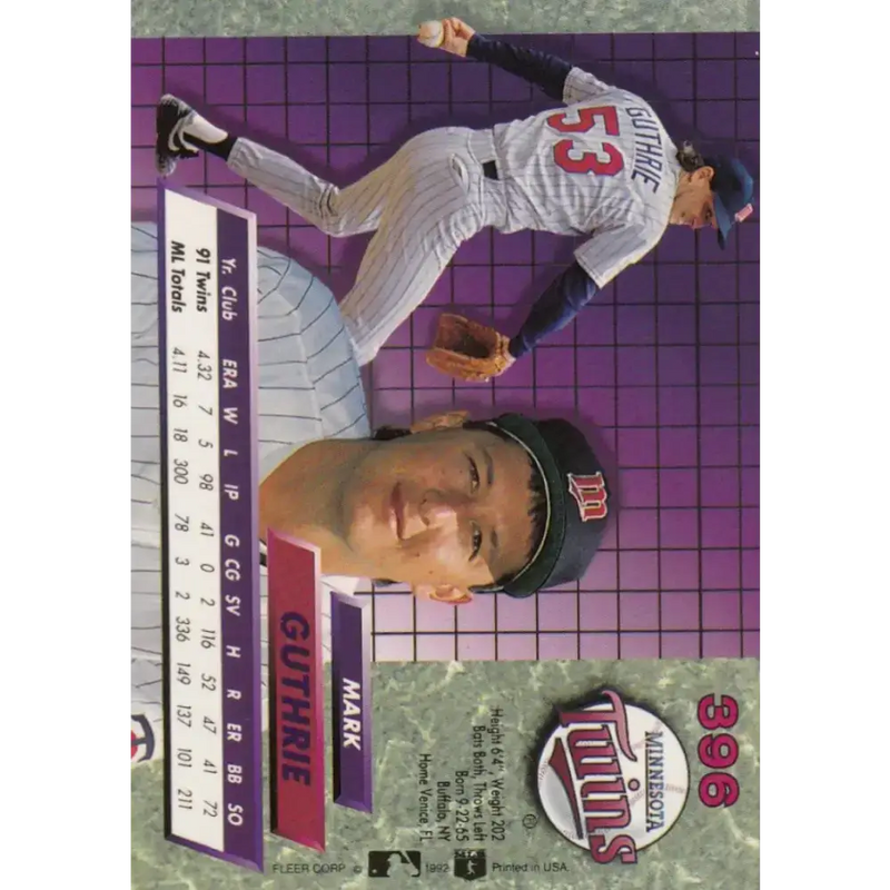 1992 Fleer Ultra #396 Mark Guthrie NM-MT Minnesota Twins Baseball Card - Baseball Card Single
