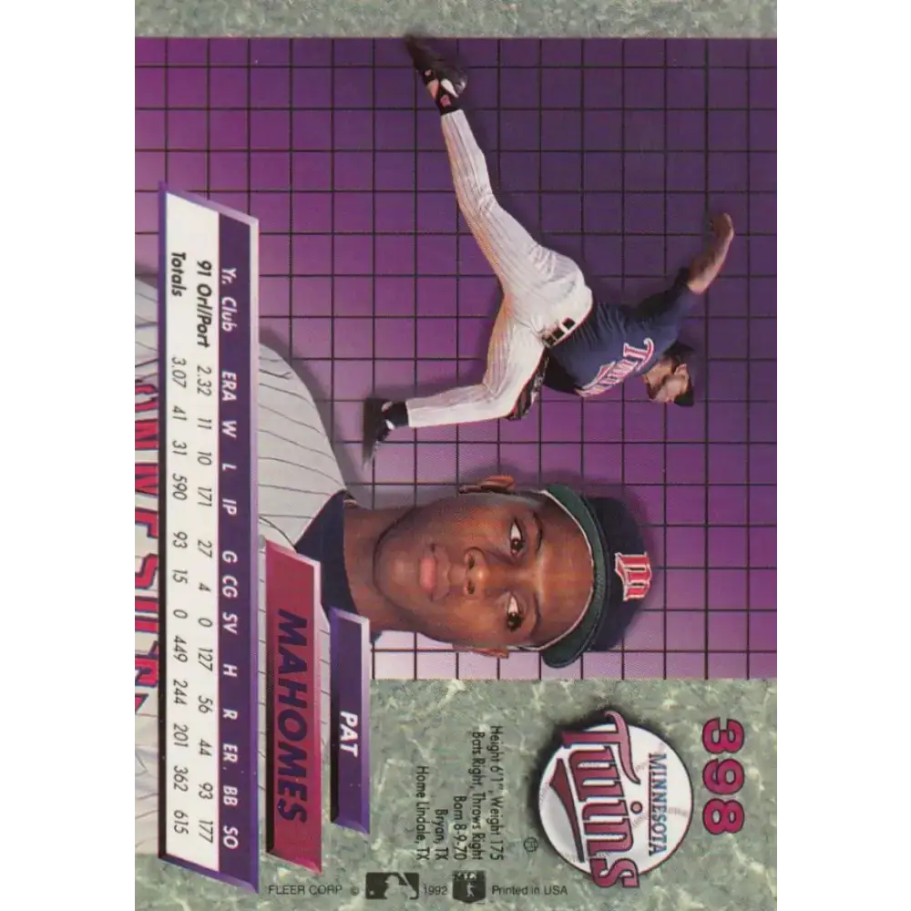 1992 Fleer Ultra #398 Pat Mahomes NM-MT RC Rookie Minnesota Twins Baseball Card - Baseball Card Single