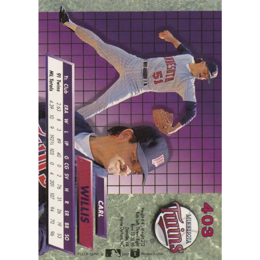 1992 Fleer Ultra #403 Carl Willis NM-MT Minnesota Twins Baseball Card - Baseball Card Single