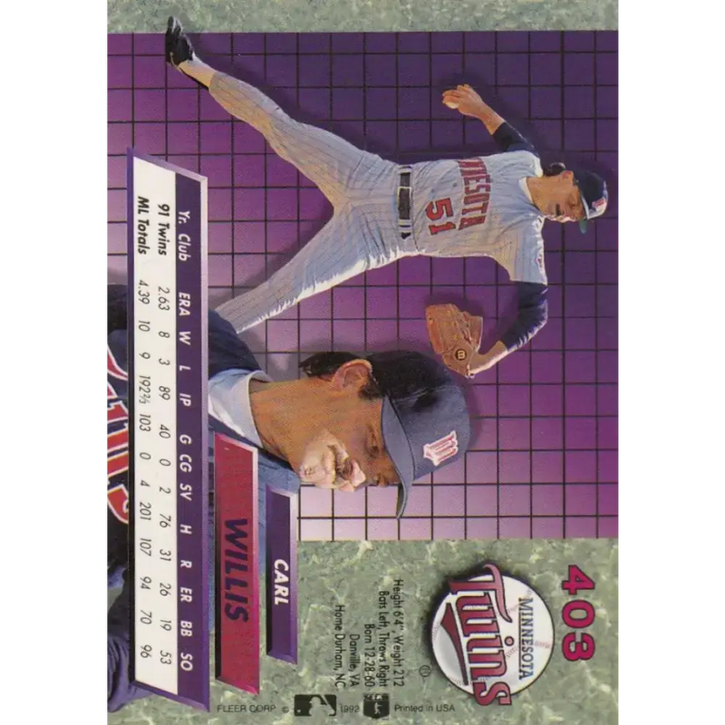 1992 Fleer Ultra #403 Carl Willis NM-MT Minnesota Twins Baseball Card - Baseball Card Single