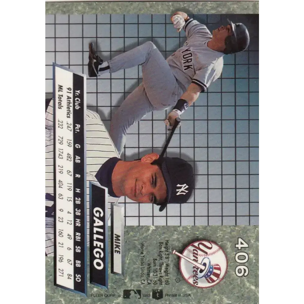 1992 Fleer Ultra #406 Mike Gallego NM-MT New York Yankees Baseball Card - Baseball Card Single