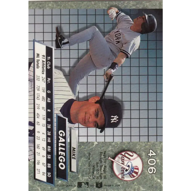 1992 Fleer Ultra #406 Mike Gallego NM-MT New York Yankees Baseball Card - Baseball Card Single