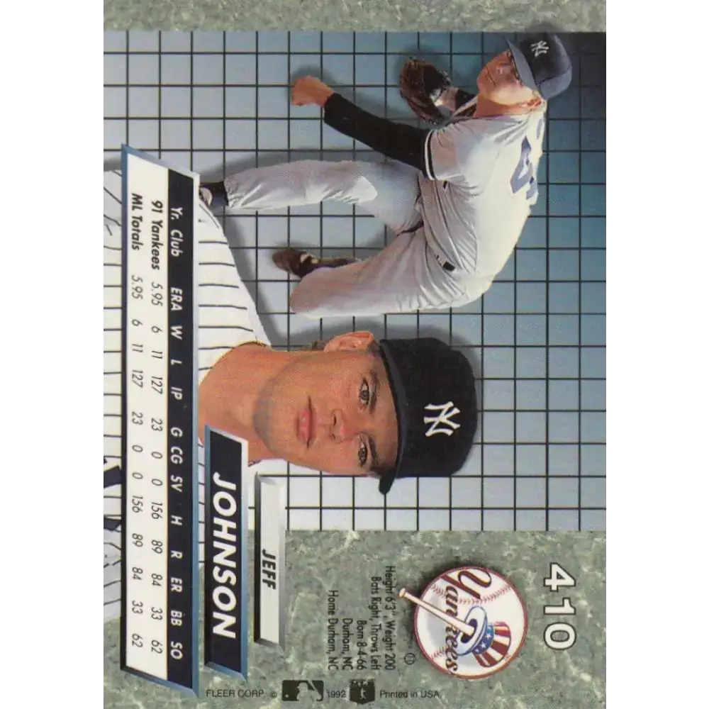 1992 Fleer Ultra #410 Jeff Johnson NM-MT New York Yankees Baseball Card - Baseball Card Single