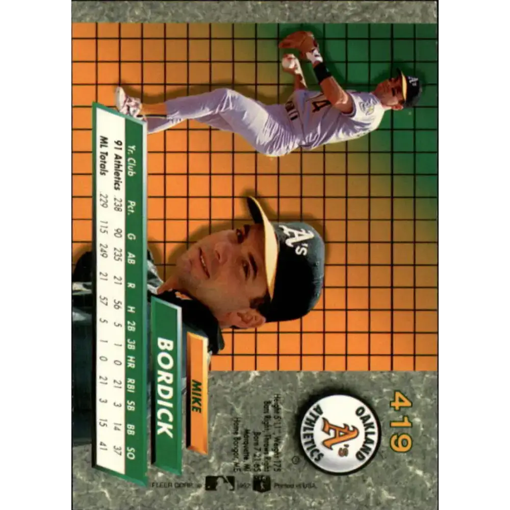 1992 Fleer Ultra #419 Mike Bordick NM-MT Oakland Athletics Baseball Card - Baseball Card Single