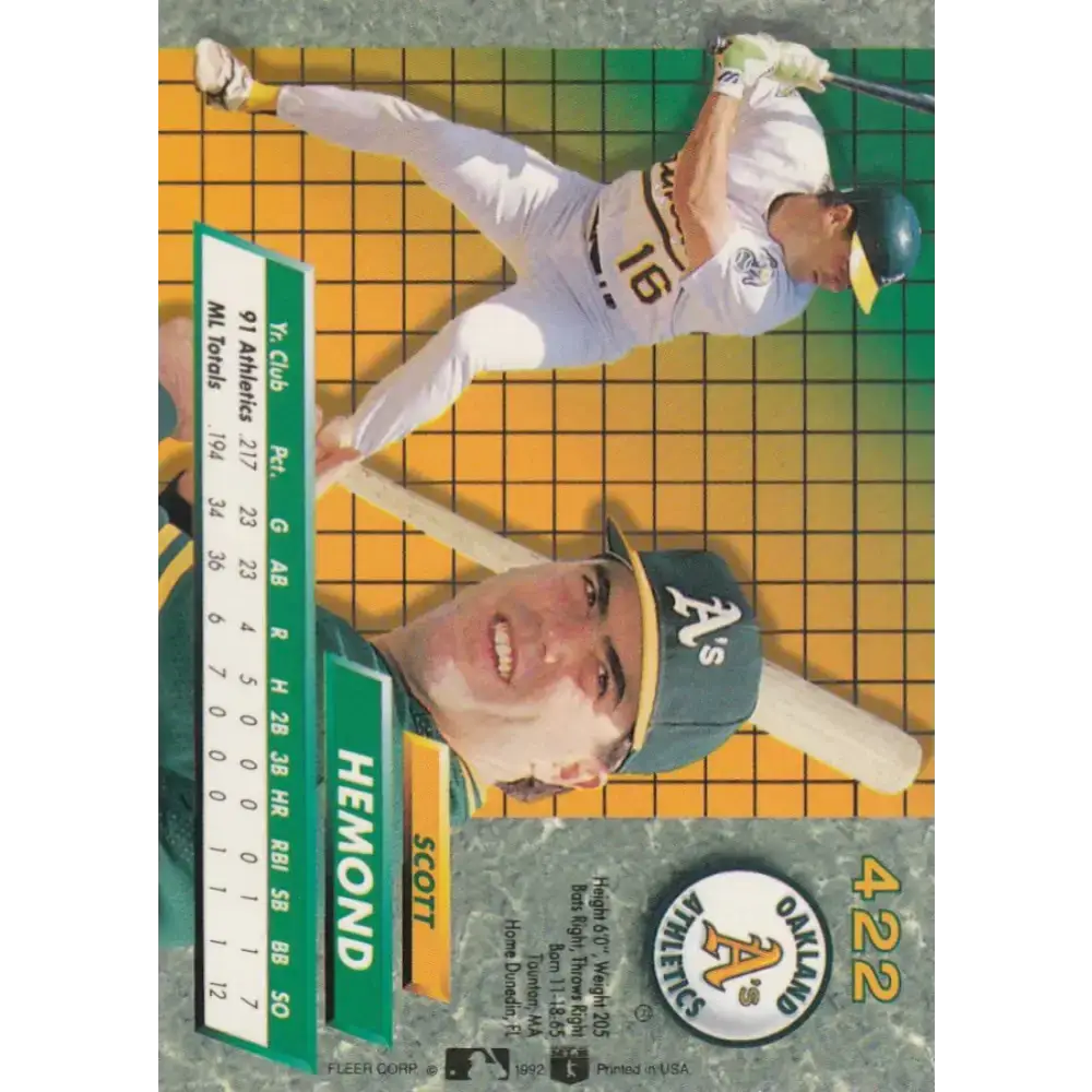 1992 Fleer Ultra #422 Scott Hemond NM-MT Oakland Athletics Baseball Card - Baseball Card Single