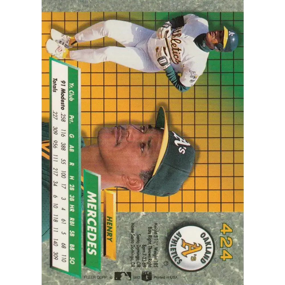 1992 Fleer Ultra #424 Henry Mercedes NM-MT RC Rookie Oakland Athletics Baseball Card - Baseball Card Single