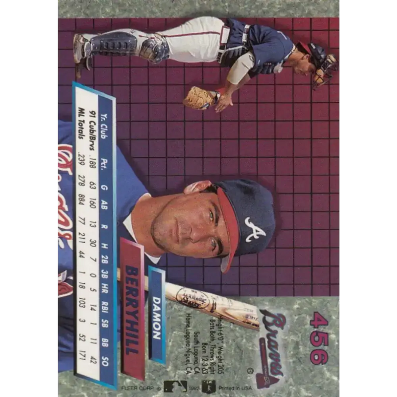 1992 Fleer Ultra #456 Damon Berryhill NM-MT Atlanta Braves Baseball Card - Baseball Card Single