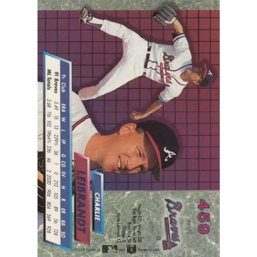 1992 Fleer Ultra #459 Charlie Leibrandt NM-MT Atlanta Braves Baseball Card - Baseball Card Single