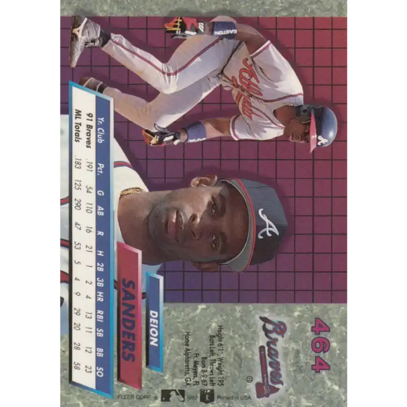 1992 Fleer Ultra #464 Deion Sanders NM-MT Atlanta Braves Baseball Card - Baseball Card Single