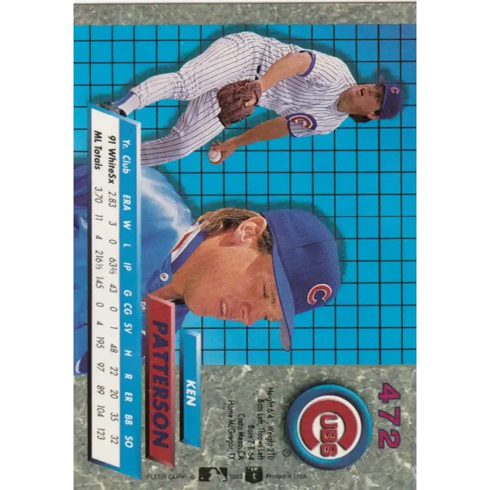1992 Fleer Ultra #472 Ken Patterson NM-MT Chicago Cubs Baseball Card - Baseball Card Single