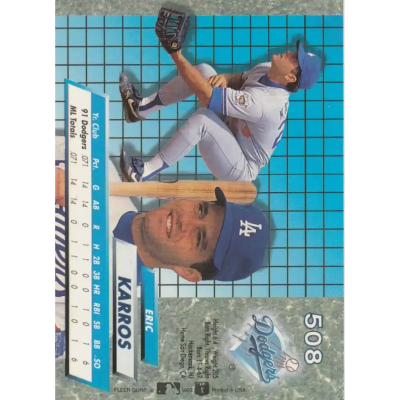 1992 Fleer Ultra #508 Eric Karros NM-MT Los Angeles Dodgers Baseball Card - Baseball Card Single