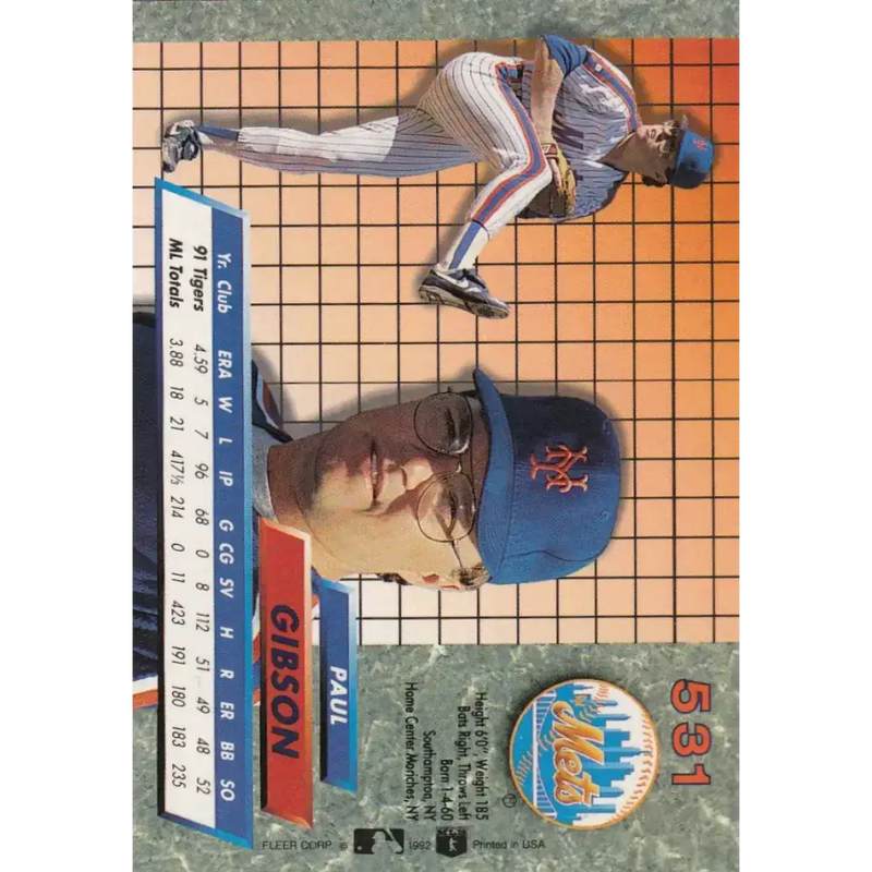 1992 Fleer Ultra #531 Paul Gibson NM-MT New York Mets Baseball Card - Baseball Card Single