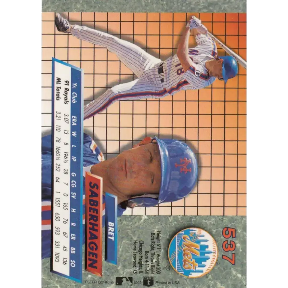 1992 Fleer Ultra #537 Bret Saberhagen NM-MT New York Mets Baseball Card - Baseball Card Single