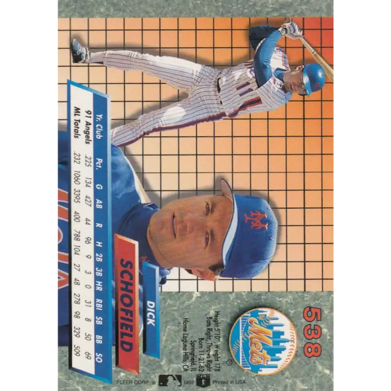 1992 Fleer Ultra #538 Dick Schofield NM-MT New York Mets Baseball Card - Baseball Card Single